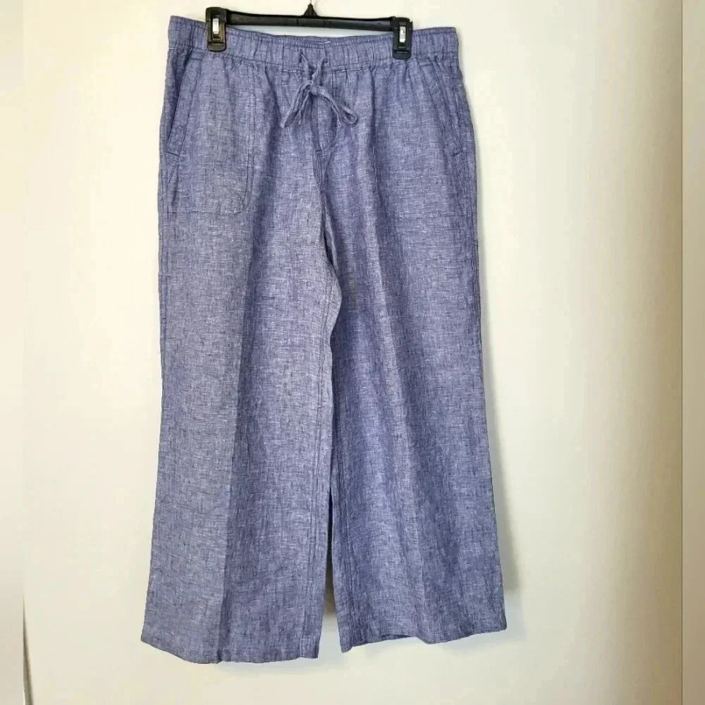 St Tropez West Drawstring Waist Linen Wide Leg Chambray Pants(L)
